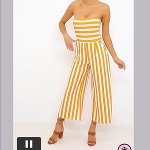 Pretty Little Thing Mustard Contrast Stripe Bandeau Culotte Jumpsuit US 12